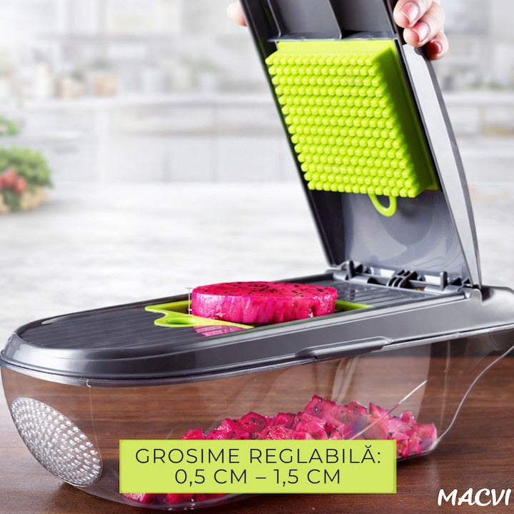 Tocator multifunctional legume MACVI 12 in 1, 8 lame interschimbabile din otel inoxidabil, recipient 1, 5 L, pentru feliere, taiere cuburi