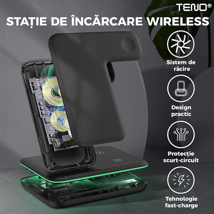 Incarcator Wireless Teno®, Statie de Incarcare 3in1, LED indicator inteligent, Fast Charge, incarcare rapida, compatibilitate universala, negru