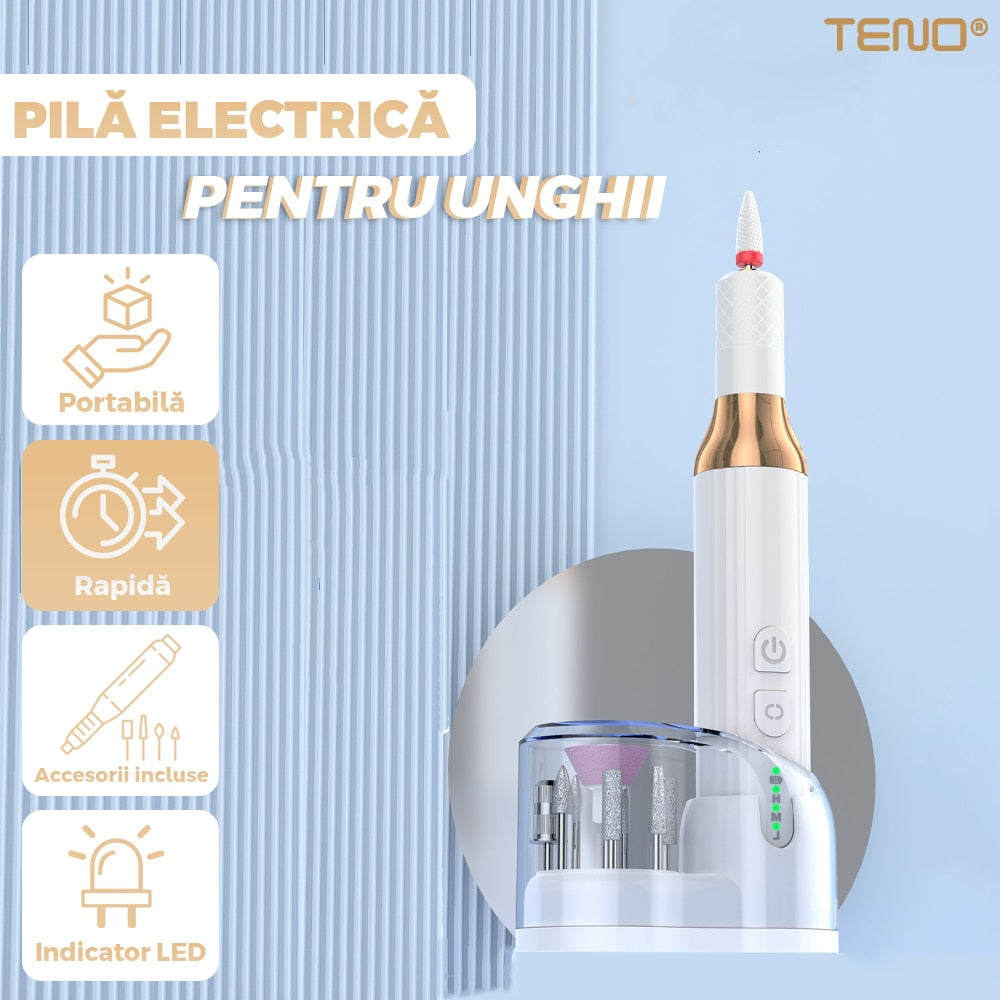 Pila Electrica Profesionala pentru Unghii Teno®, freza wireless, 18000 RPM, indicator led, manichiura-pedichiura, 12 capete pentru pila, 36 benzi de slefurie, portabila, alb
