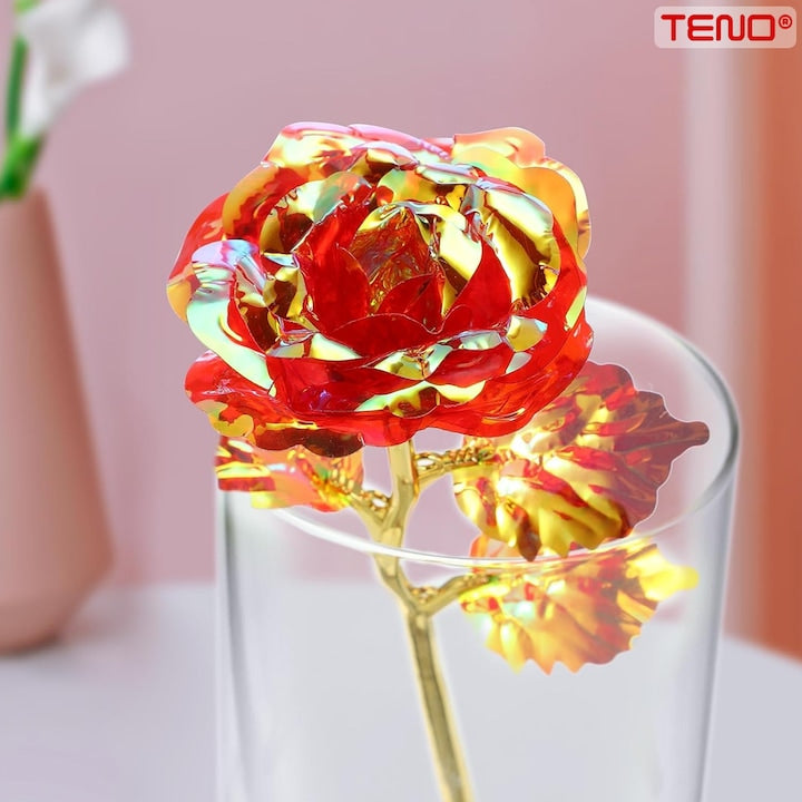 Trandafir Artizanal Teno®, efect de cristal, aspect auriu, luminite LED cu baterii, rezistent, nemuritor, design realist, 22 x 13 cm, rosu