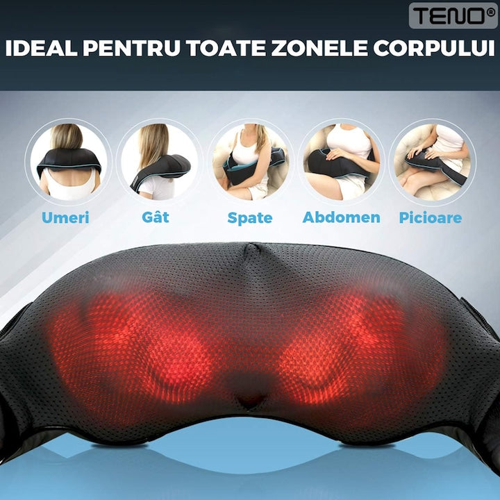 Aparat Profesional pentru Masaj Cervical Teno®, spate, lombara, abdomen si picioare, shiatsu, 4 puncte de masaj, negru