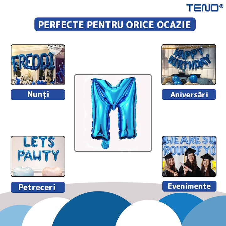 Balon in Forma de Litera M Teno®, metalizat, pentru Petreceri/Aniversari/Evenimente, rezistent, folie, albastru, 40 cm