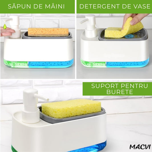 Dozator sapun Macvi® cu pompa dubla si suport burete dozator detergent vase si sapun de maini design compact pentru chiuveta