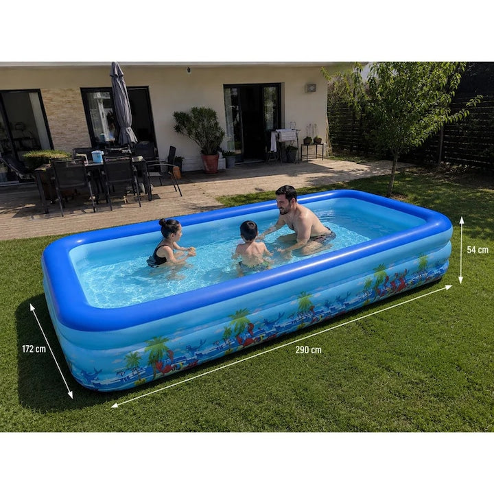 Piscina gonflabila XXL Macvi® 290 x 172 x 54 cm, 3 inele, PVC rezistent la UV, certificare CE, pentru copii si adulti, curte si gradina, design tropical