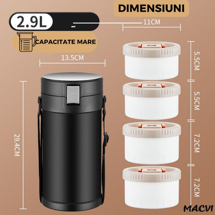 Caserola termica Macvi® din inox 304, 2.3L, 3 compartimente, etansa, cu tacamuri incluse, Negru