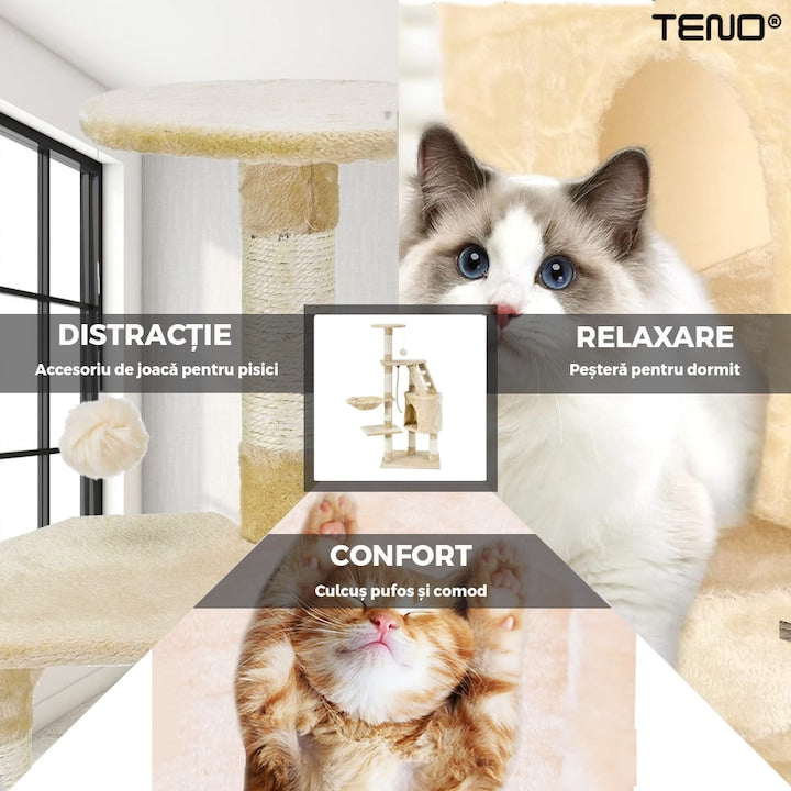 Ansamblu de Joaca pentru Pisici Teno®, tip turn, 1 platforma de observatie, 4 niveluri, 1 casuta, scara, franghie si mingiute de joaca, stalpi pentru zgariat, captuseala extra moale, structura stabila, 118 cm, bej