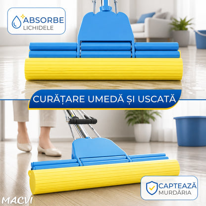Mop Macvi® cu Storcator si Coada Metalica Telescopica 88-105 cm, PVA, 37 x 5 x 5 cm, Albastru