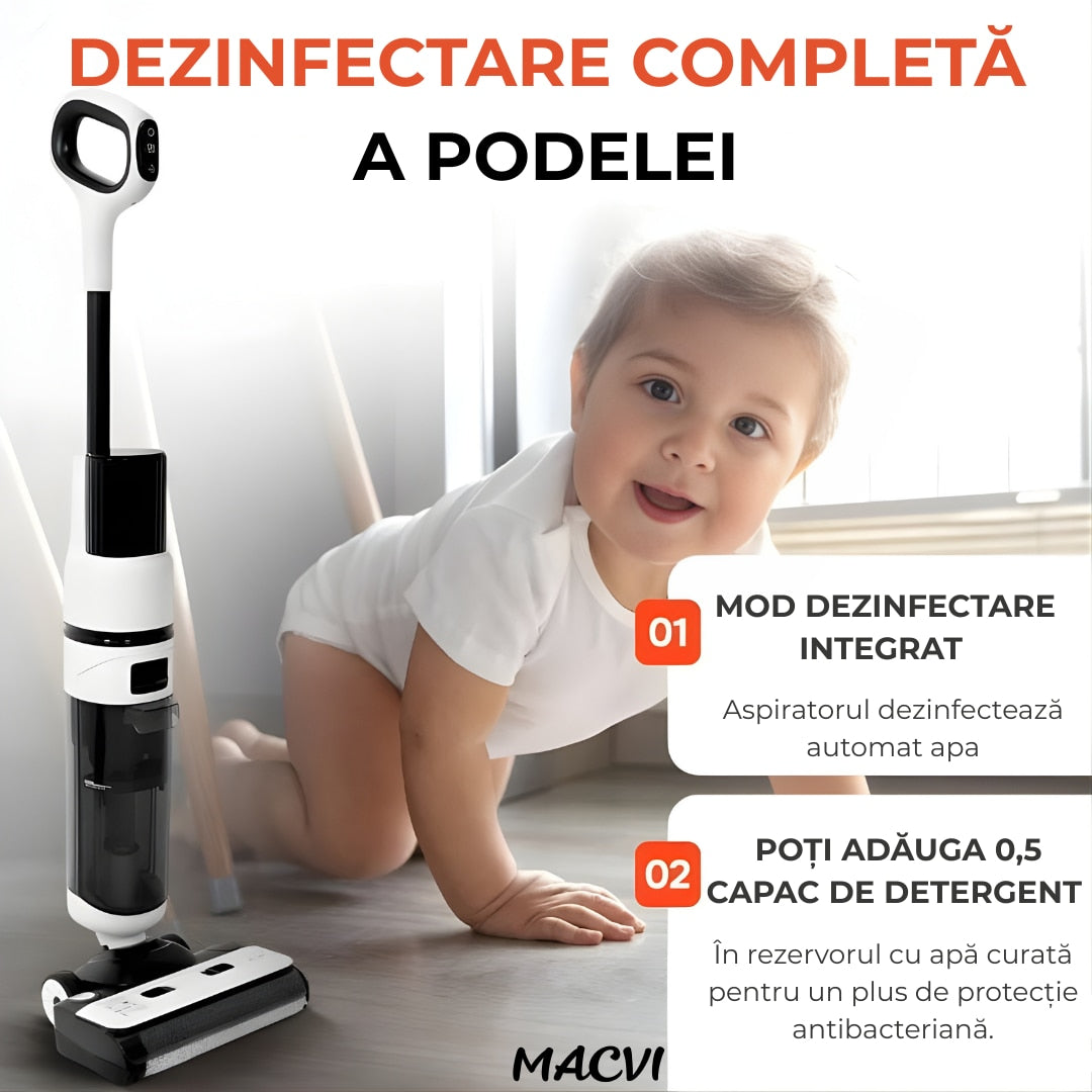 Aspirator Vertical cu Spalare Macvi® OZ01 Pro Fara Fir Autocuratare, Dezinfectare Apa, Putere 12000Pa, Autonomie 60 Min Ecran LED 2 Rezervoare