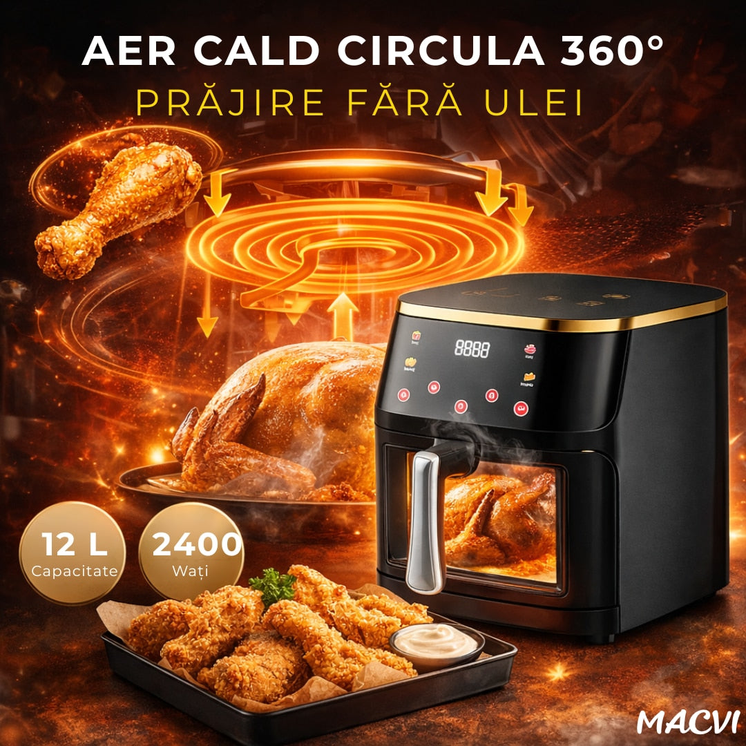 Friteuza aer Macvi® cu aer cald 12L 2400W, fereastra transparenta, panou digital touch, 8 programe presetate, control temperatura 80-200°C, timer 0-60 min, gatire fara ulei, functie 3D, aer circulant