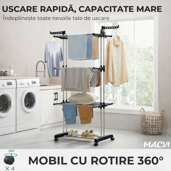 Uscator vertical pentru rufe Macvi®, cu 3 nivele de uscare, mobil si pliabil, suport umerase, negru