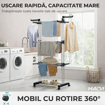 Uscator vertical pentru rufe Macvi®, cu 3 nivele de uscare, mobil si pliabil, suport umerase, negru