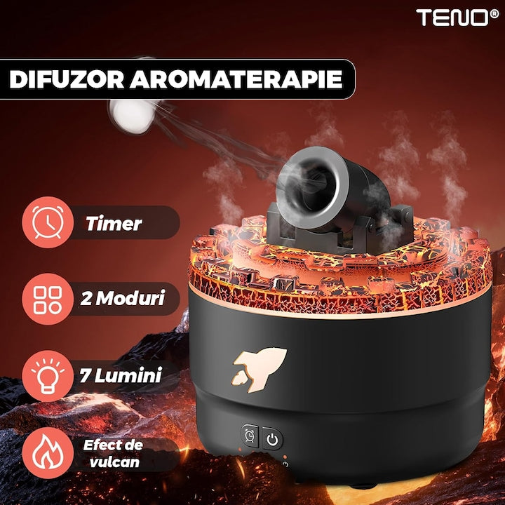 Difuzor Aromaterapie Teno®, forma de tun, 7 culori LED, lumini dinamice, control tactil, capacitate 300ml, silentios, rezerva inclusa, umidifica aerul, negru