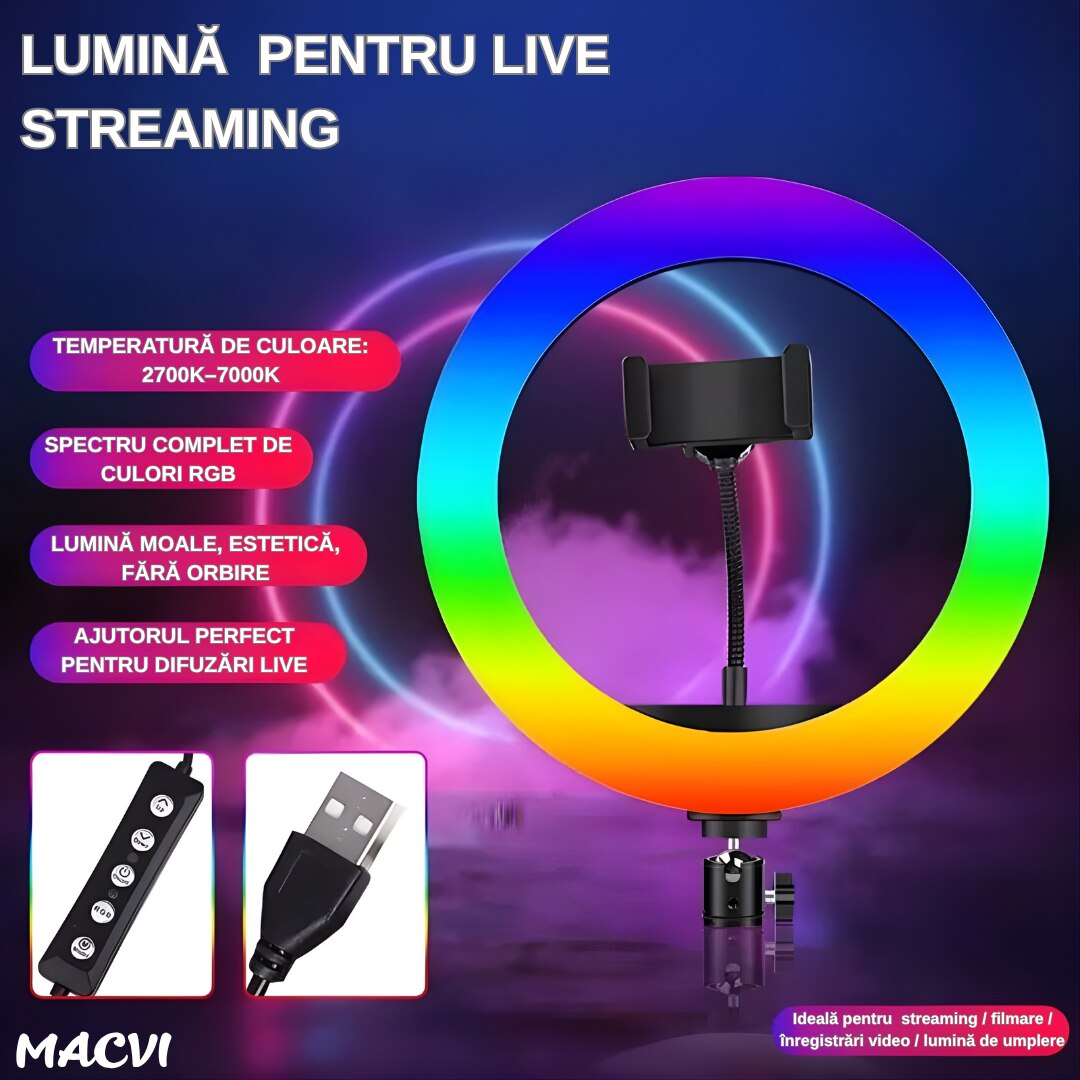 Lampa circulara RGB LED Macvi® 45 cm, 20 moduri de lumina, cu suport de telefon, cablu de incarcare USB si telecomanda inclusa pe fir cu reglare a intensitatii