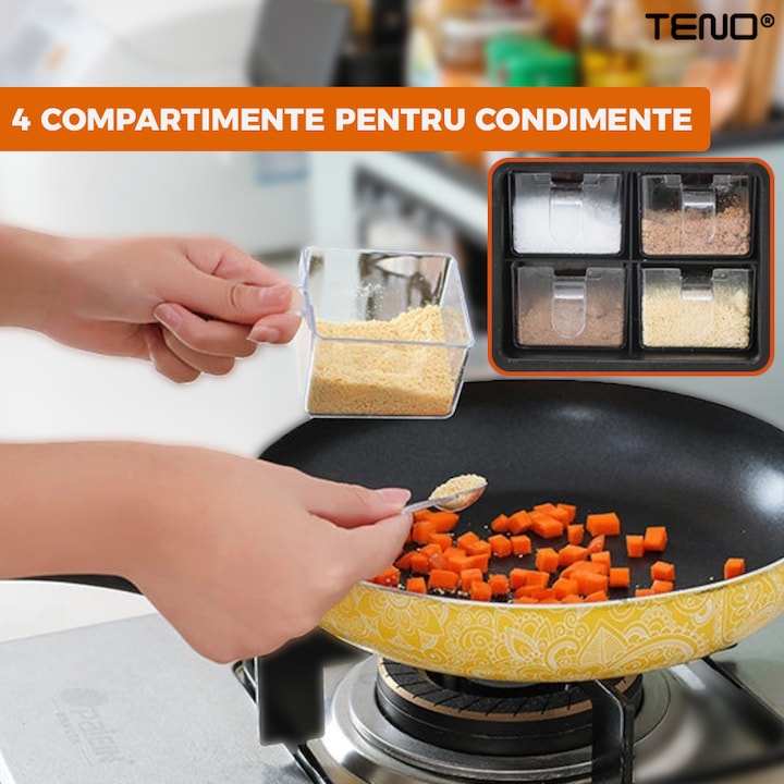 Organizator Multifunctional pentru Bucatarie Teno®, 4 Compartimente, raft condimente, suport detasabil telefon, tavita de scurgere, suport tacamuri/ustensile, portocaliu