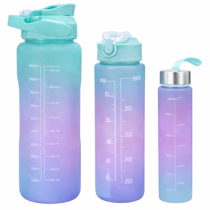 Set 3 Sticle de Apa Motivationale TENO®, 2000ml + 900ml + 300ml, Tritan fara BPA, Pai inclus, Deschidere automata, turcoaz