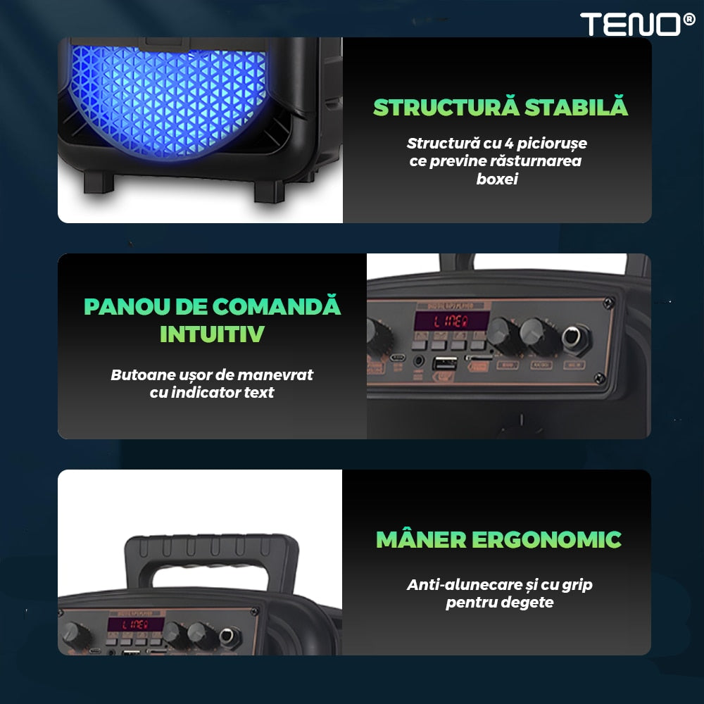 Boxa Portabila, Teno, microfon inclus, lumini LED, negru, set complet, 1200 W