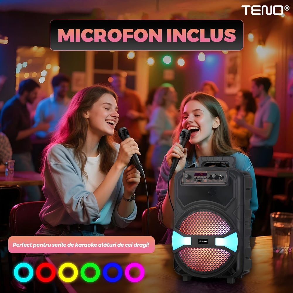 Boxa Portabila JBR009 Teno®, microfon inclus, telecomanda de control, lumini LED, panou de comanda, 6 moduri de conectare, autonomie ridcata, 1200W, negru