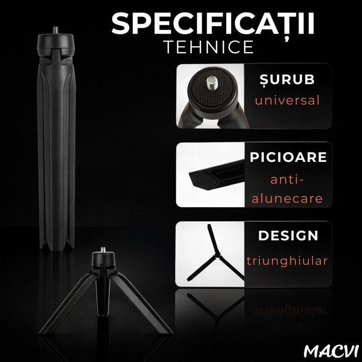 Mini Trepied pentru Telefon, Aparate Foto si Video Macvi® cu Lampi Circulare, Portabil, Pliabil, Ergonomic, Negru