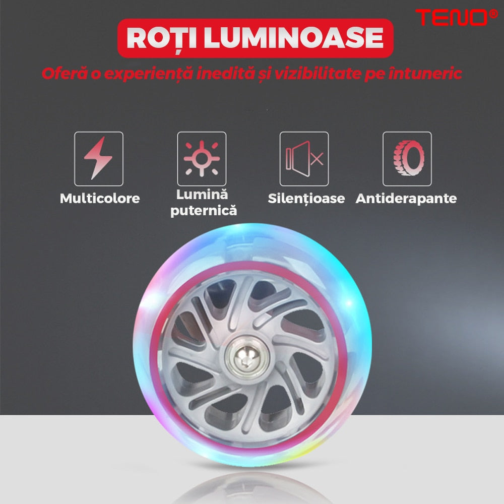 Trotineta pentru Copii cu Lumini Teno®, 3 roti, pliabila, anti-aluncare, inaltime ajustabila, stabila, frana, incorporata, 3-11 ani, rosu