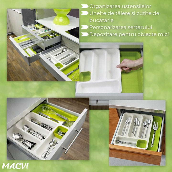 Suport modular extensibil Macvi® pentru tacamuri, 29-48 cm, ABS, alb-verde, organizator sertare