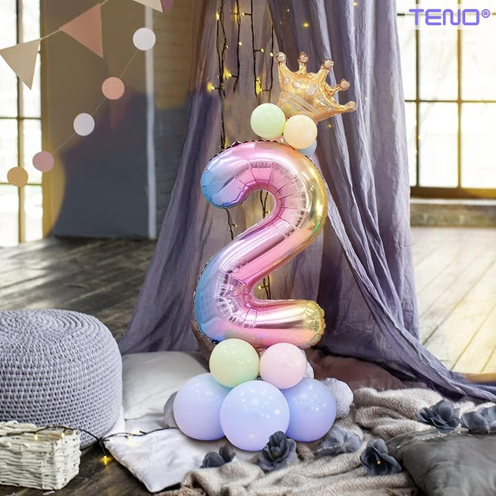 Set 14 Baloane CIfra 2 Teno®, coroana, balon pastelat, pentru Petreceri/Aniversari/Evenimente, mai multe dimensiuni, latex, multicolor