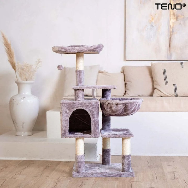 Ansamblu de Joaca pentru Pisici Teno®, cu 3 platforme de observatie, 3 niveluri, 1 casuta, franghie si minge de joaca, stalpi pentru zgariat, captuseala extra moale, structura stabila, 110 cm, gri