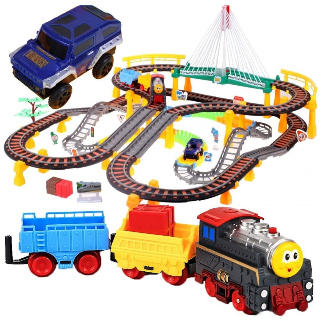 Circuit 2 in 1 XXL Macvi® 140 Piese, 86x74 cm, cu Trenulet Electric si Masinuta, Pod cu Lumini, Pista Rapid Transit de Mare Viteza, Multicolor