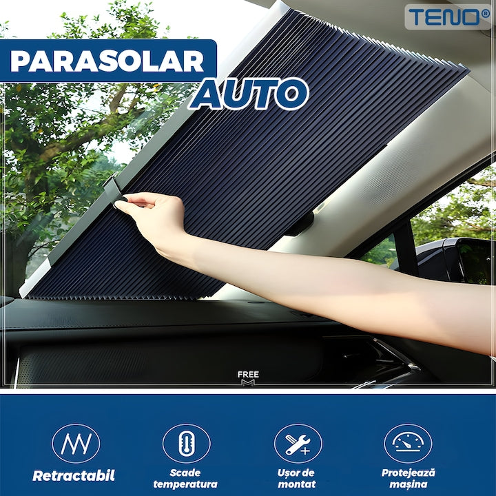 Parasolar Auto Retractabil Teno®, pliabil, universal, pentru masina/jaluzea, fereastra, montare usoara, ventuze de prindere, protectie UV, waterproof, 120x46 cm, negru