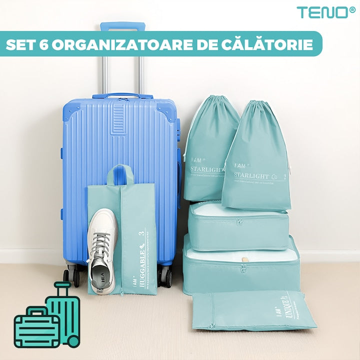Set 6 Organizatoare Teno®, pentru calatorie, diferite marimi, bagaj de voiaj, valiza, troler, genti, haine, accesorii, inchidere cu fermoar dublu, plasa, turcoaz