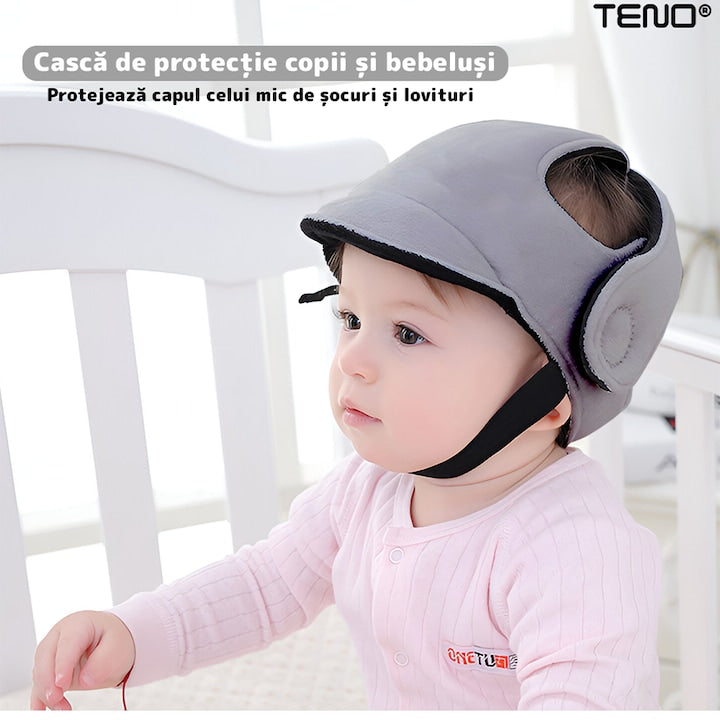 Casca Antisoc Bebelusi si Copii Teno®, protectie cazaturi, reglabila, material moale, patrupedie, usoara si comoda, gri deschis