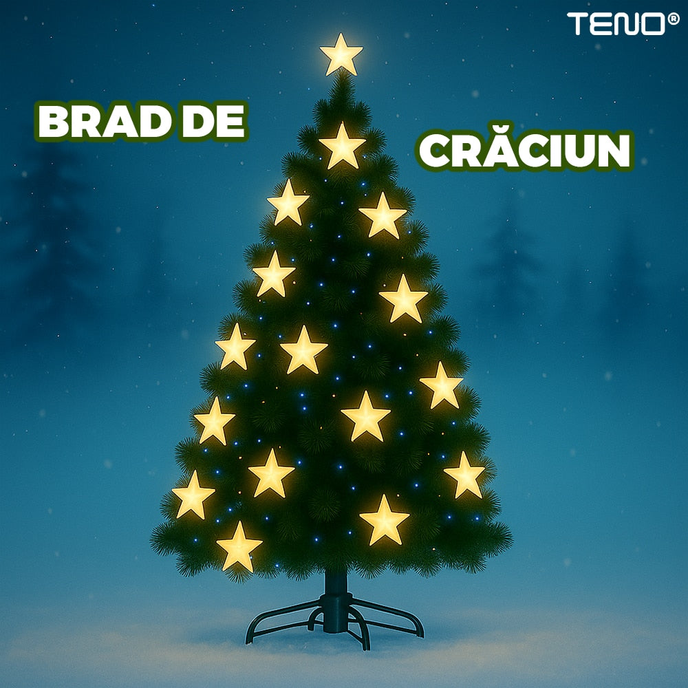 Brad Artificial de Craciun Teno®, luminite in forma de stea, varf stea inclus, cadru metalic, atmosfera feerica, verde, 180 cm