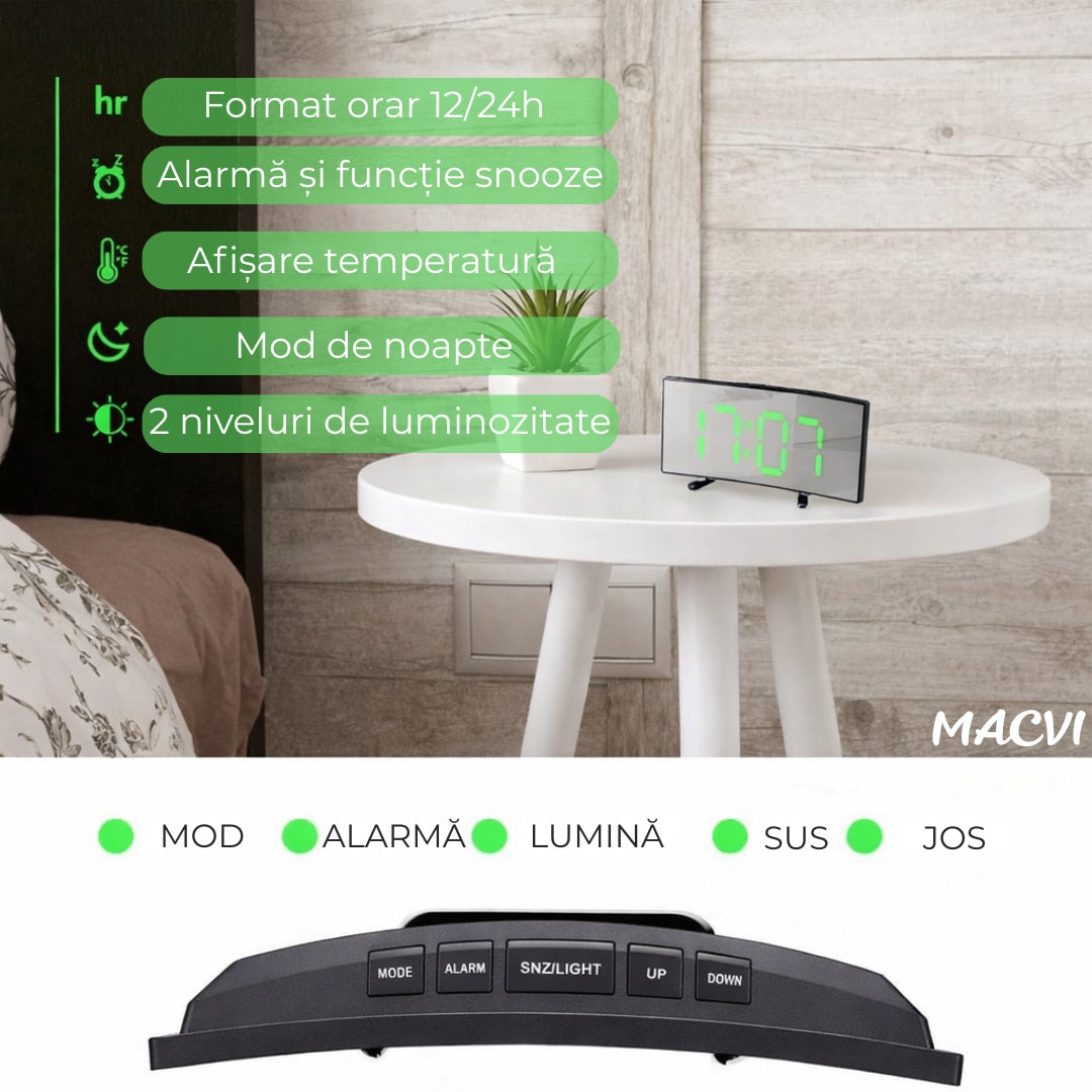 Ceas de masa tip oglinda Macvi® , model DT-6507, ecran LED curbat, afisare temperatura, Verde
