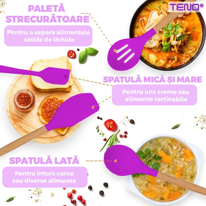 Set Ustensile Bucatarie 12 Piese Silicon Alimentar Teno®, termorezistente, antiaderente, sigure, suport inclus, mov