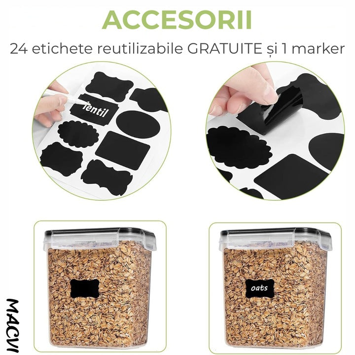 Set 7 organizatoare/recipiente Macvi® pentru depozitare alimente, etichete incluse, organizare bucatarie, capac etans, plastic fara BPA