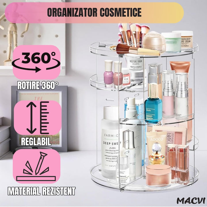 Organizator Cosmetice Rotativ Macvi® 360°, Design Reglabil, 9 Compartimente Spatioase, Montare Rapida, Ideal pentru Machiaj si Produse de Ingrijire