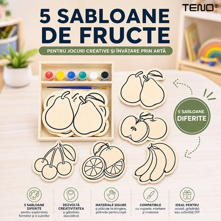Set de Pictura Teno®, tematica fructe, din lemn, culori vibrante, dezvolta creativitatea, cutie de depozitare, acuarele incluse, multicolor