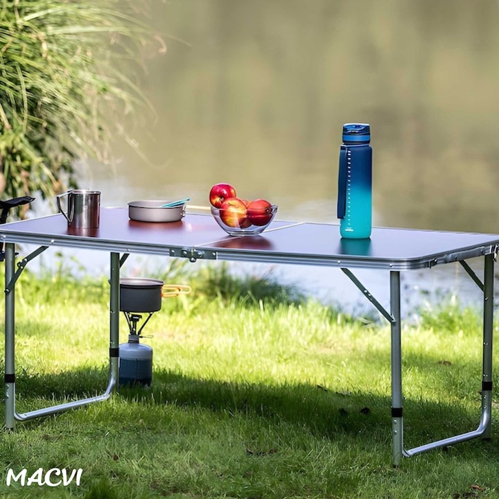 Masa pliabila camping Macvi® Meteor, aluminiu usor, blat MDF 120x60 cm, reglabila pe inaltime, portabila tip valiza