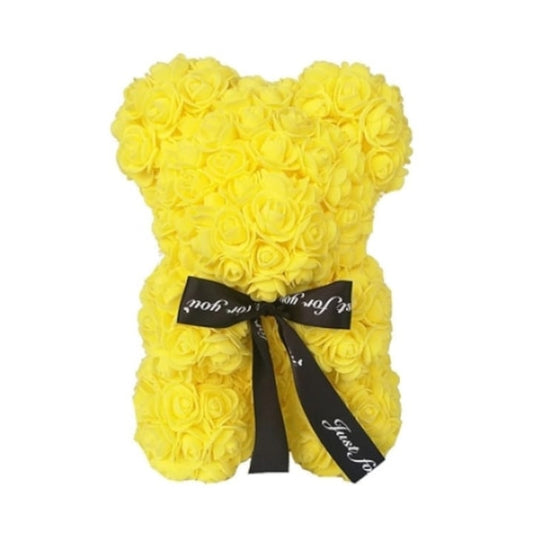 Ursulet Cu Inima Trandafiri Spuma Macvi®, 24 cm, Cutie Cadou Inclusa, Galben, Decor Romantic, Cadou Valentine Aniversare