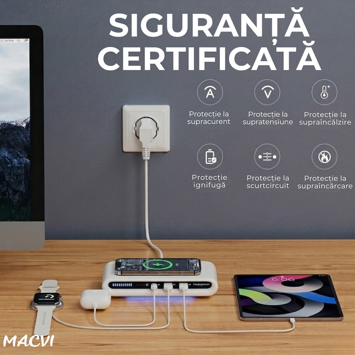 Incarcator fara fir Macvi® 4 in 1 cu conectare USB-C si 2 sloturi USB