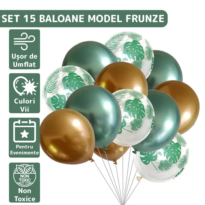 Set 15 Baloane Teno®, Model Frunze, pentru Petreceri/Aniversari/Evenimente, o singura dimensiune, 3 culori, latex, verde/auriu/transparent