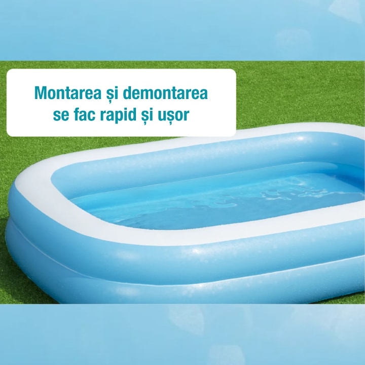 Piscina gonflabila familiala Macvi® 201 x 150 x 51 cm, 2 inele gonflabile, capacitate 450 L, PVC rezistent, pentru copii si adulti, curte, gradina si terasa, alb/albastru