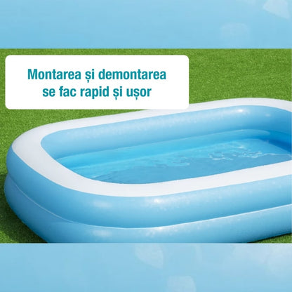 Piscina gonflabila familiala Macvi® 201 x 150 x 51 cm, 2 inele gonflabile, capacitate 450 L, PVC rezistent, pentru copii si adulti, curte, gradina si terasa, alb/albastru