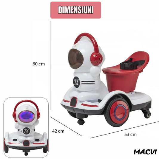 Masinuta electrica Macvi® copii 3-6 ani, telecomanda & control manual, 6V 7A, roti 360°, lumini LED, sunete realiste, centura siguranta, alb/visiniu