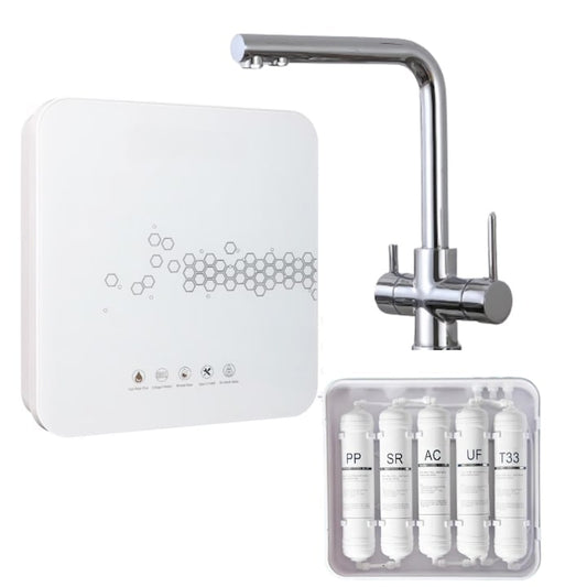 Filtru apa ultrafiltrare Macvi® 5 etape + alcalinizare, precizie 0, 01 µm, baterie 3 cai, robinet 360°, sub chiuveta