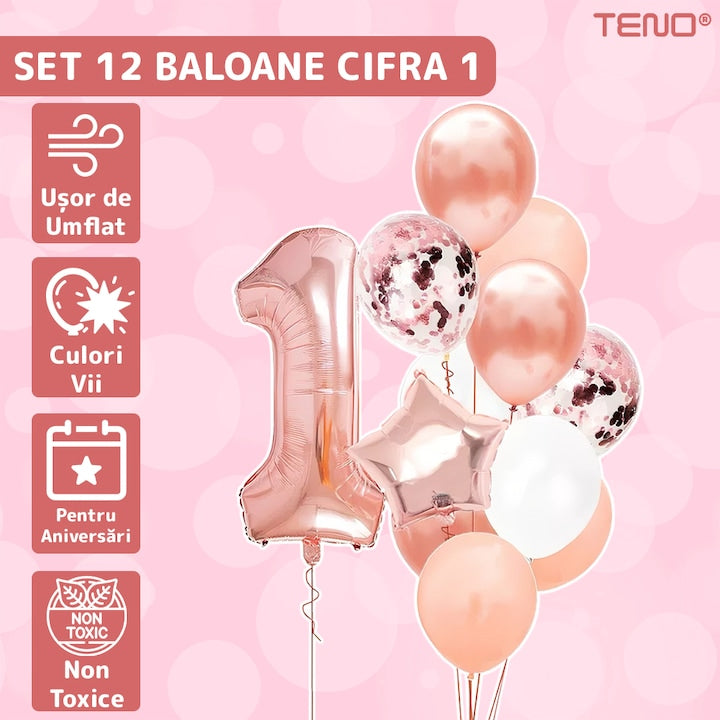 Set 12 Baloane Teno®, Cifra 1, pentru Petreceri/Aniversari/Evenimente, Stea/Rotunde/Confetti, 3 culori, latex, rose gold