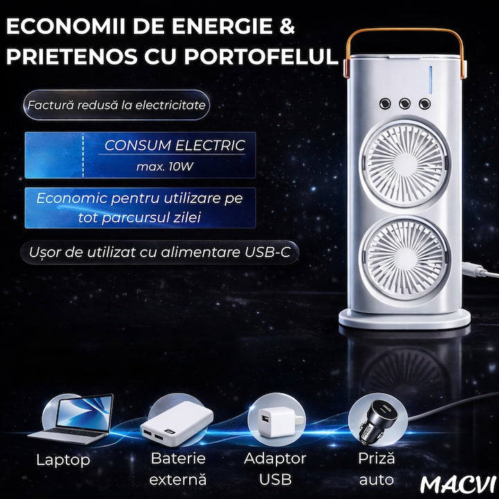 Ventilator Portabil Macvi® cu Pulverizare si Dublu Cap, Sistem de Racire cu Apa, 3 Trepte Viteza, Reglabil 360°, Alimentare USB, Ideal pentru Vara, Birou sau Exterior