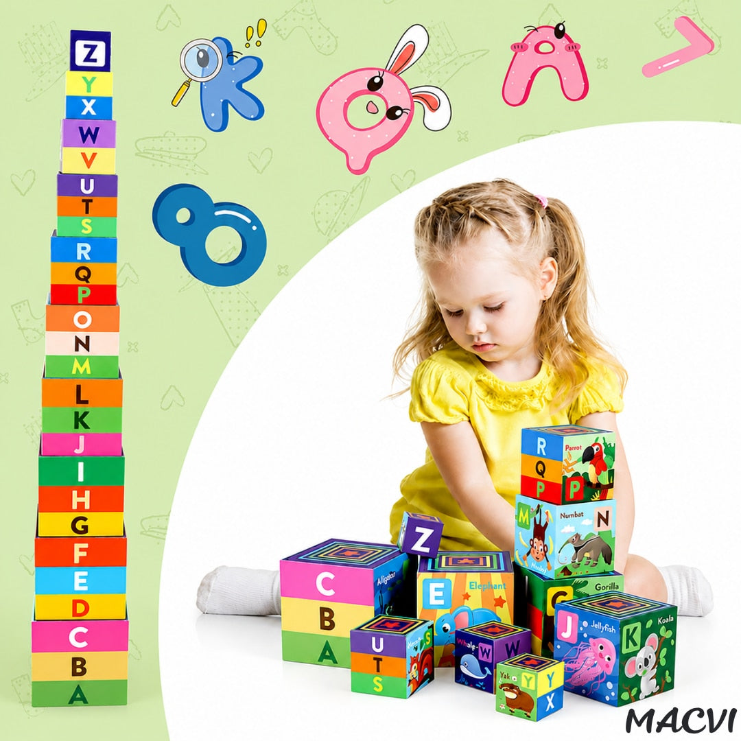 Turn Montessori cu 10 cuburi Macvi® joc educativ, creativ, invatarea alfabetului
