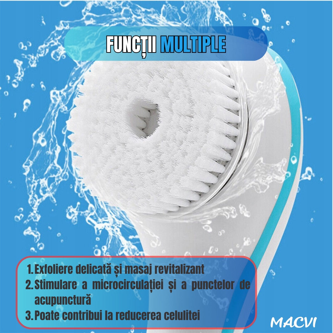 Perie baie rotativa Macvi®, electrica, pentru curatare, exfoliere si masaj, cu 5 capete interschimbabile si 2 trepte de viteza – o solutie completa pentru ingrijirea pielii si relaxarea zilnica
