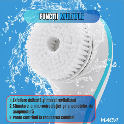 Perie baie rotativa Macvi®, electrica, pentru curatare, exfoliere si masaj, cu 5 capete interschimbabile si 2 trepte de viteza – o solutie completa pentru ingrijirea pielii si relaxarea zilnica