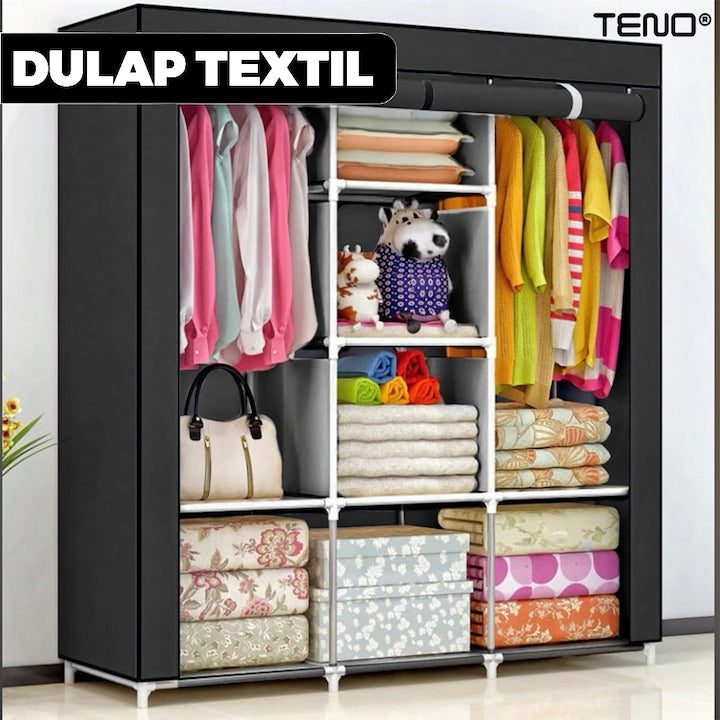 Dulap din Material Textil pentru Haine si Incaltaminte Teno®, impermeabil, 8 rafturi, inchidere fermoar, suport umerase, cadru otel, 170 cm, negru